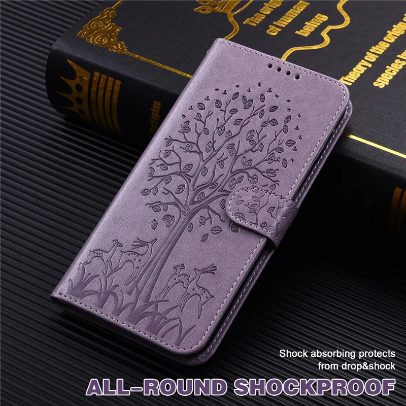 Tree and Deer Imprinted Wallet Stand Design All-round Protection Double-sided Magnetic Clasp Leather Phone Shell Case for Google Pixel 5a 5G - Purple