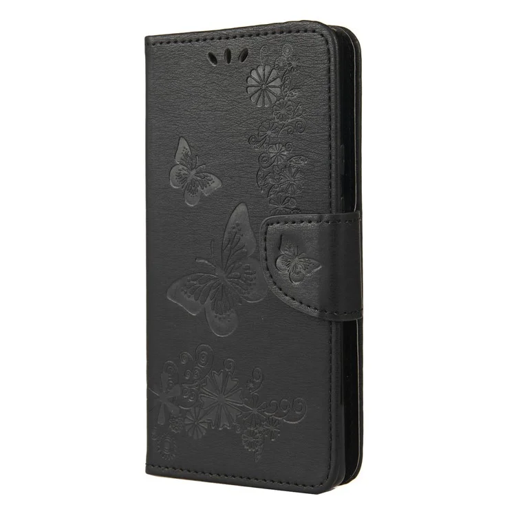 For Google Pixel 6 Pro Imprinted Butterflies Flower Leather Case Wallet Stand Phone Cover Shell - Black