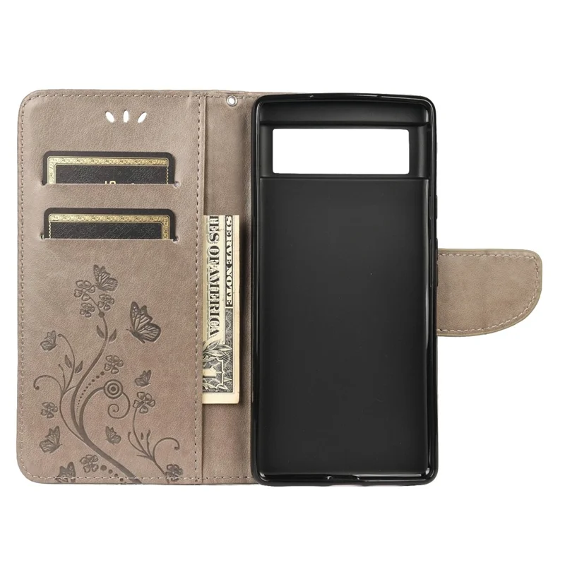 Imprint Butterflies Flower Wallet Stand Design Leather Phone Case Shell for Google Pixel 6 Pro - Grey