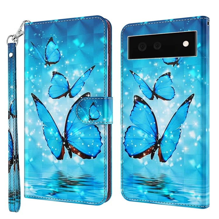 Stand Funzionalità 3D Creative Pattern PU Leather Flip Flip Wallet Case Con Cinturino Per Google Pixel 6 - Farfalle Blu