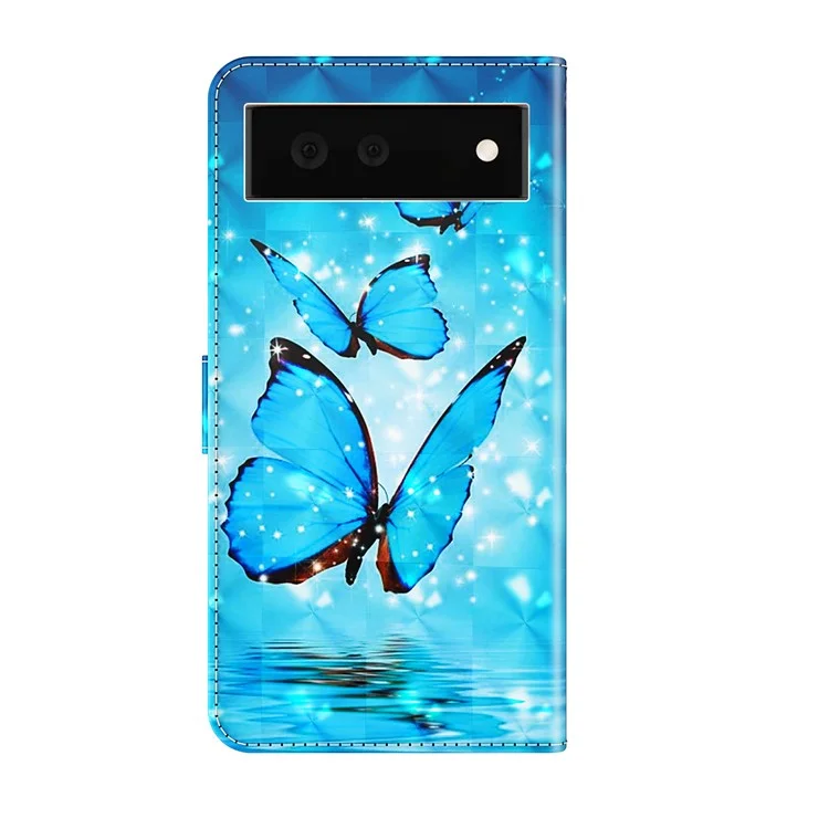Stand Funzionalità 3D Creative Pattern PU Leather Flip Flip Wallet Case Con Cinturino Per Google Pixel 6 - Farfalle Blu