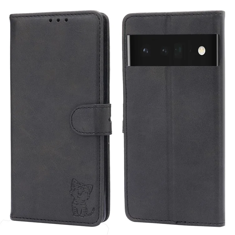 Imprinting Happy Cat Pattern PU Leather Wallet Case Phone Cover for Google Pixel 6 Pro - Black