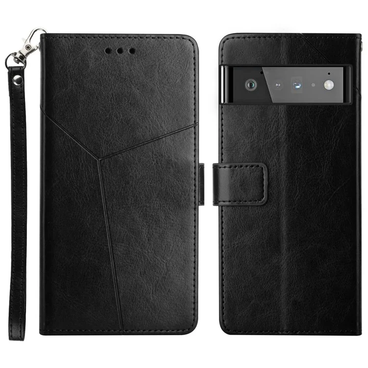 Imprinting Linee a Forma di y in Pelle PU Full Protection Telf Flip Cover Case di Protezione Per Google Pixel 6 - Nero