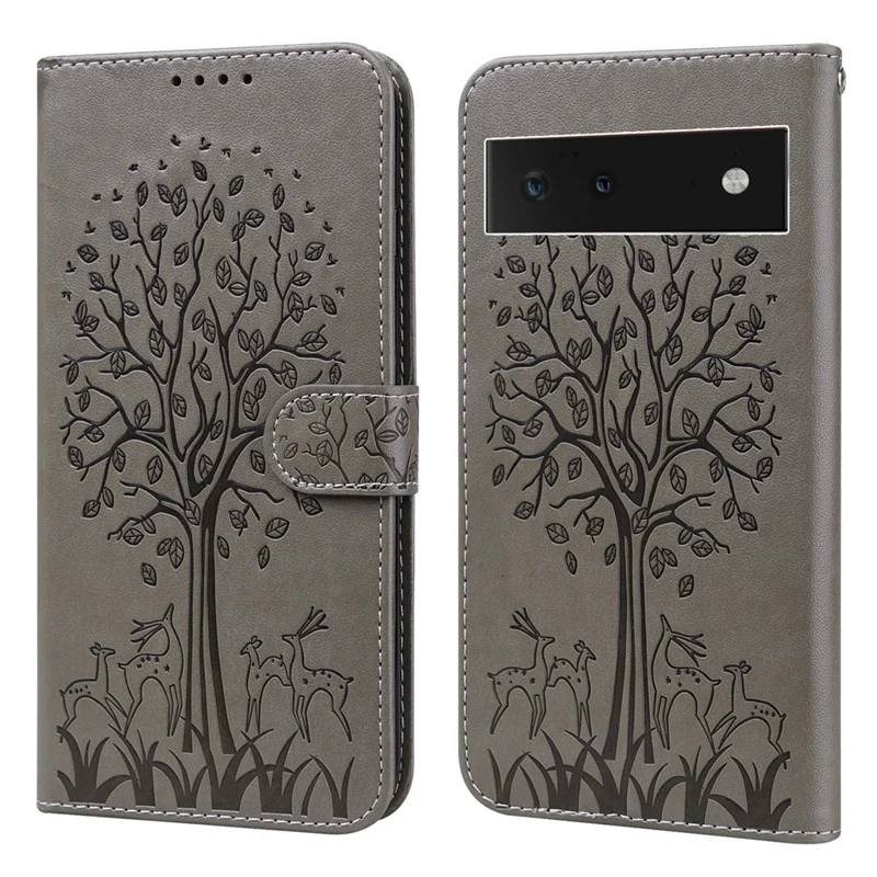 Anti-scratch Stand Phone Cover Imprinted Elk and Tree Pattern Wallet Leather Phone Case for Google Pixel 6 - Grey