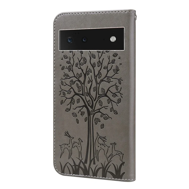 Anti-scratch Stand Phone Cover Imprinted Elk and Tree Pattern Wallet Leather Phone Case for Google Pixel 6 - Grey