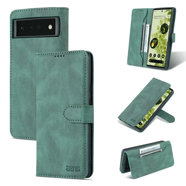 AZNS TPU+PU Leather Wallet Stand Phone Case Well-protected Flip Phone Shell for Google Pixel 6 Pro - Green