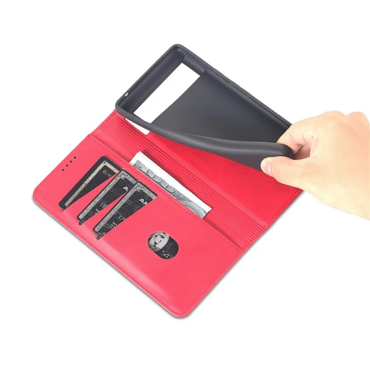 Azns Practical Flip Phone Cover Wallet Design Durevole PU Leather Auroofono Telefono Per Google Pixel 6 - Rosso