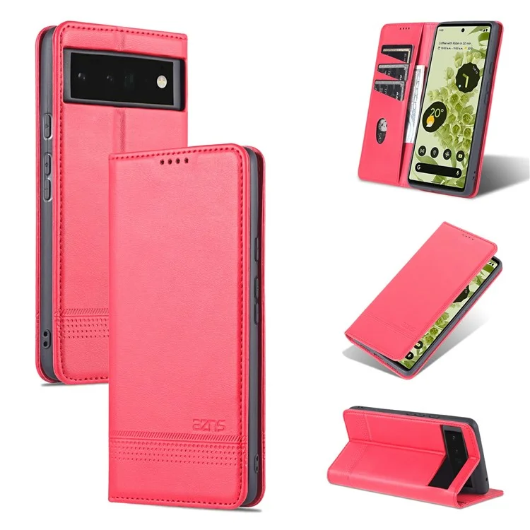 AZNS Smooth Wallet Design Durable PU Leather Shockproof Phone Cover Case for Google Pixel 6 Pro - Red