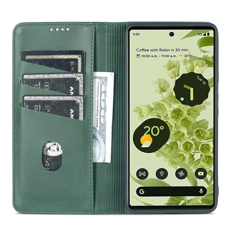 AZNS Smooth Wallet Design Durable PU Leather Shockproof Phone Cover Case for Google Pixel 6 Pro - Green