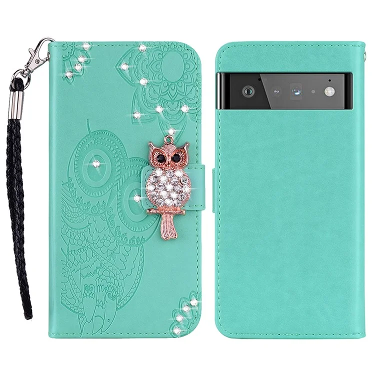 Bling Rhinestone Decor Imprinted Owl Flower Pattern Leather Case Shell with Stand Wallet for Google Pixel 6 - Cyan