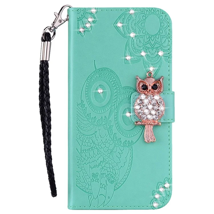 Bling Rhinestone Decor Imprinted Owl Flower Pattern Leather Case Shell with Stand Wallet for Google Pixel 6 - Cyan