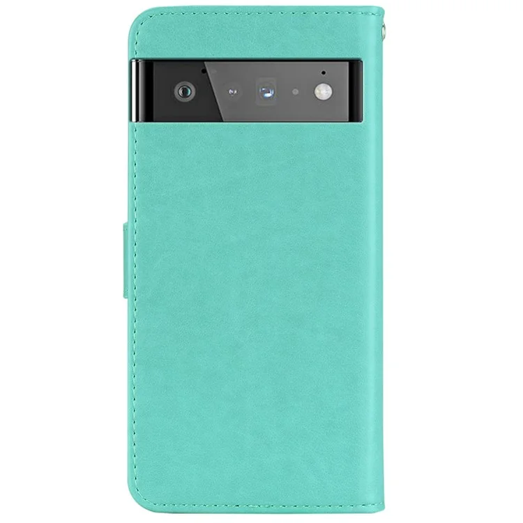 Bling Rhinestone Decor Imprinted Owl Flower Pattern Leather Case Shell with Stand Wallet for Google Pixel 6 - Cyan