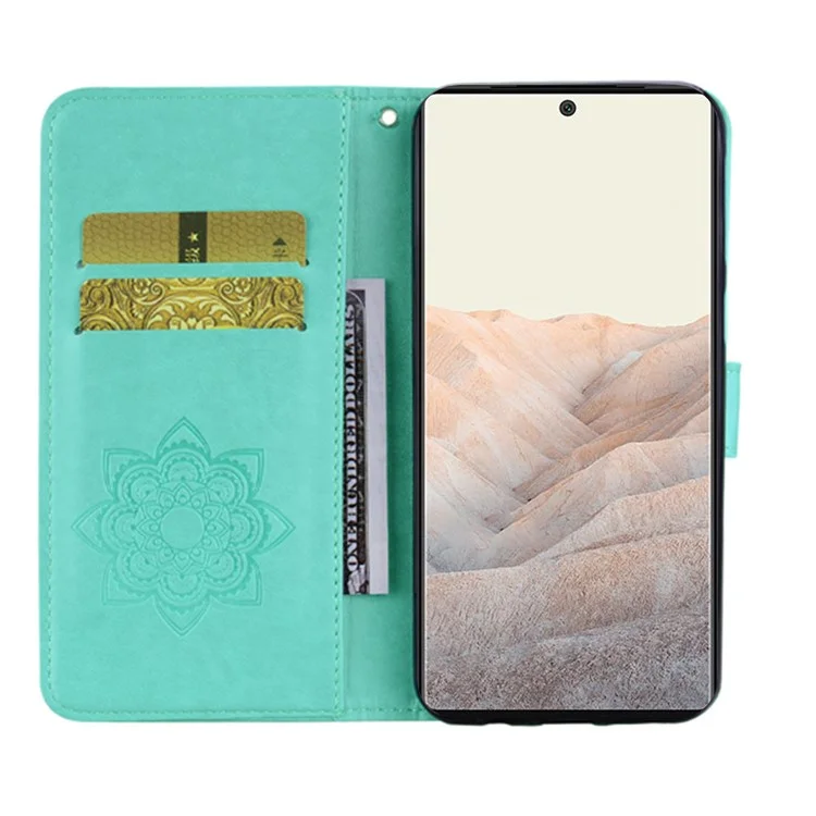 Bling Rhinestone Decor Imprinted Owl Flower Pattern Leather Case Shell with Stand Wallet for Google Pixel 6 - Cyan