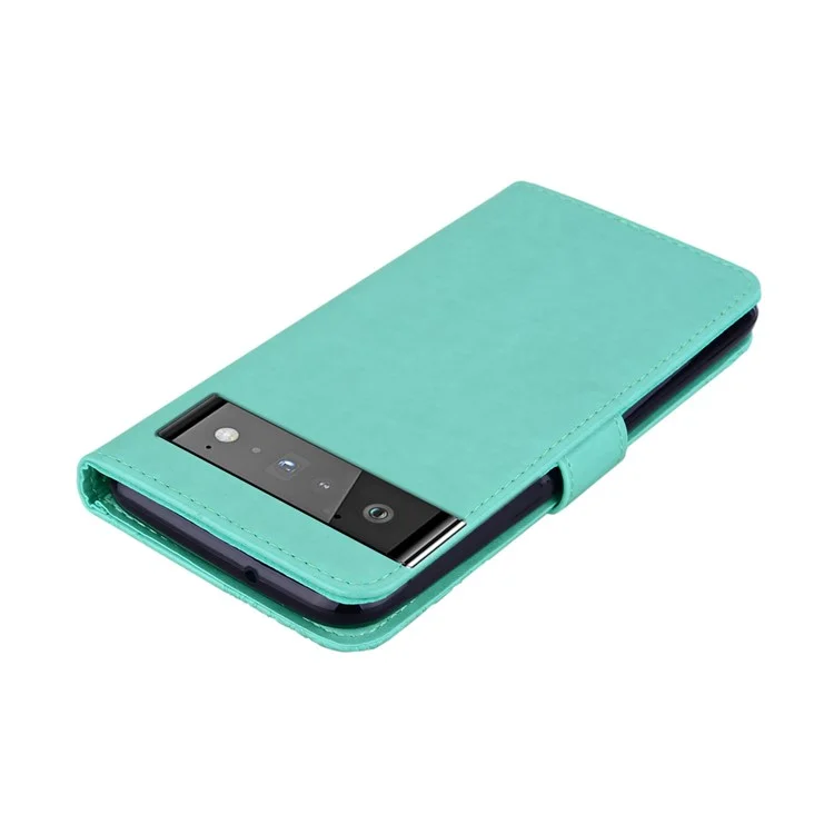Bling Rhinestone Decor Imprinted Owl Flower Pattern Leather Case Shell with Stand Wallet for Google Pixel 6 - Cyan