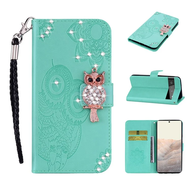Bling Rhinestone Decor Imprinted Owl Flower Pattern Leather Case Shell with Stand Wallet for Google Pixel 6 - Cyan