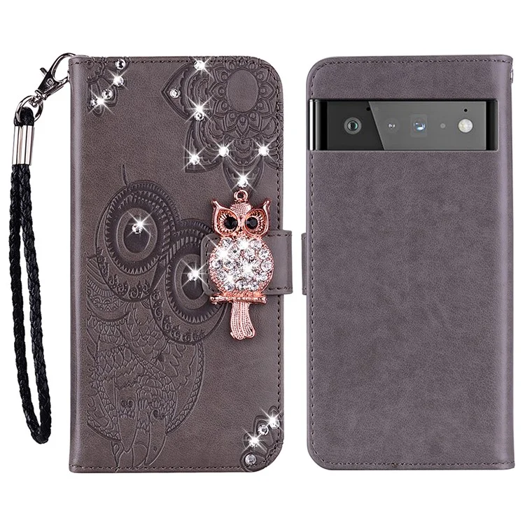 Flip Phone Case Bling Rhinestone Decor Improntato Gufo Fiore Modello In Pelle Conchiglie Per Google Pixel 6 Pro - Grigio