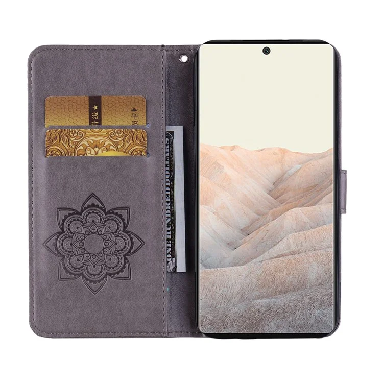 Flip Phone Case Bling Rhinestone Decor Improntato Gufo Fiore Modello In Pelle Conchiglie Per Google Pixel 6 Pro - Grigio