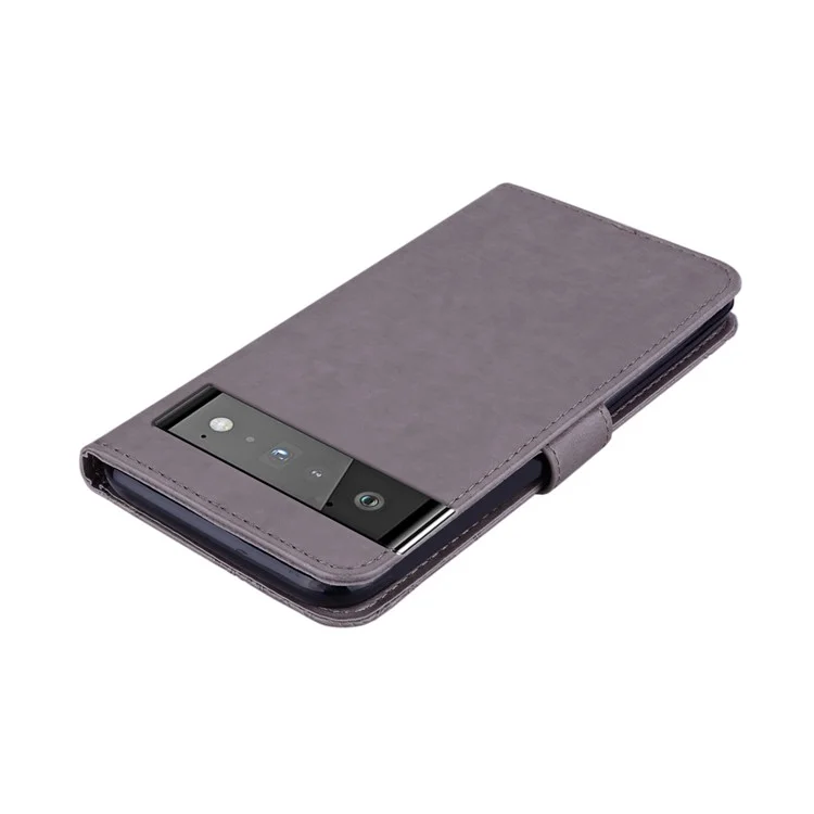 Flip Phone Case Bling Rhinestone Decor Improntato Gufo Fiore Modello In Pelle Conchiglie Per Google Pixel 6 Pro - Grigio