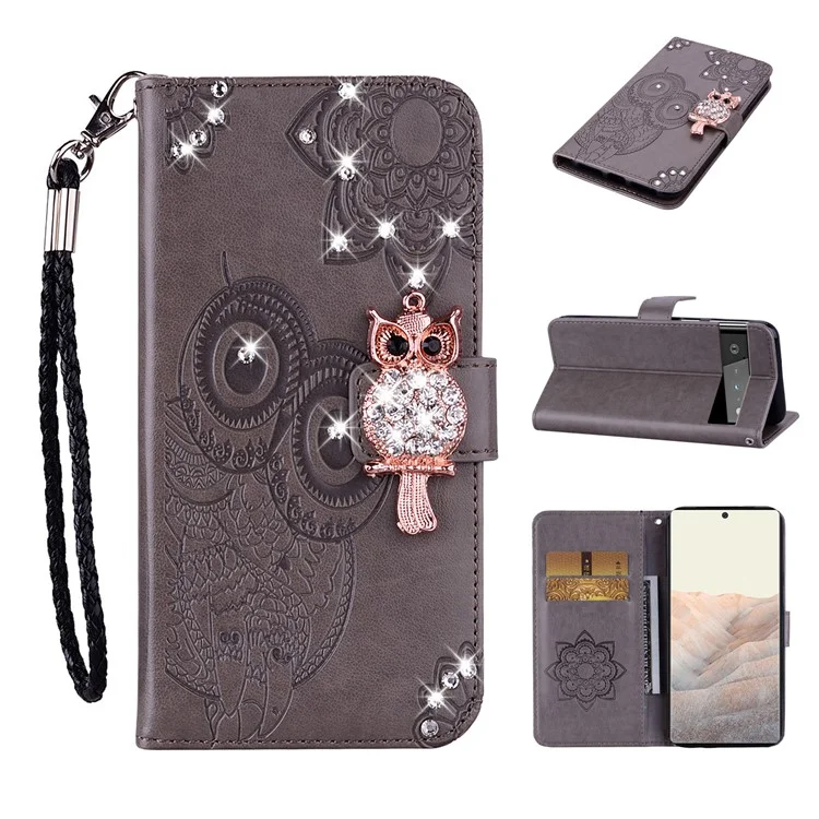 Flip Phone Case Bling Rhinestone Decor Improntato Gufo Fiore Modello In Pelle Conchiglie Per Google Pixel 6 Pro - Grigio