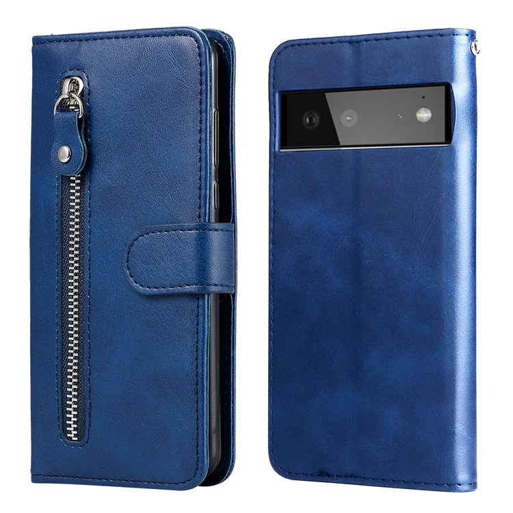 Folding PU Leather Phone Case Zipper Pocket Design Full-Protective Case with Wallet Stand for Google Pixel 6 - Blue