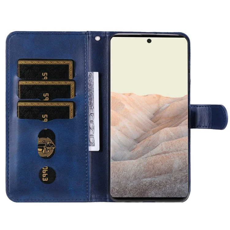 Folding PU Leather Phone Case Zipper Pocket Design Full-Protective Case with Wallet Stand for Google Pixel 6 - Blue