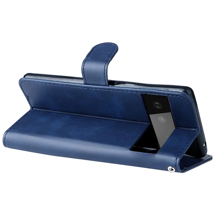 Folding PU Leather Phone Case Zipper Pocket Design Full-Protective Case with Wallet Stand for Google Pixel 6 - Blue