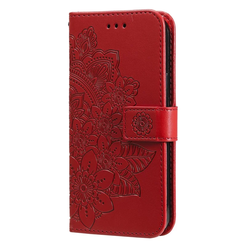 TPU+PU Leather Phone Case Stand Practical Flip Shell Card Slots Imprinted Flower Pattern Wallet Cover with Lanyard for Google Pixel 6 Pro - Red