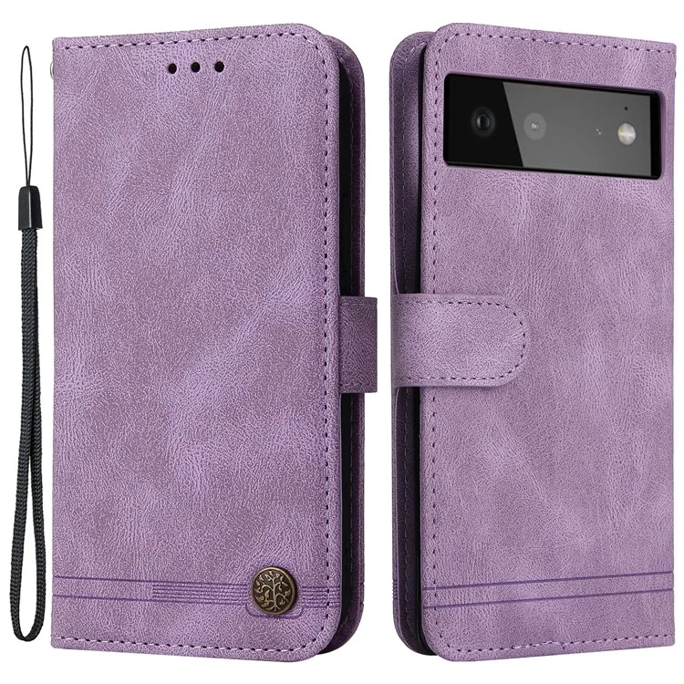 For Google Pixel 6 Leather Wallet Cases Skin Touch Phone Cover Stand with Strap - Purple