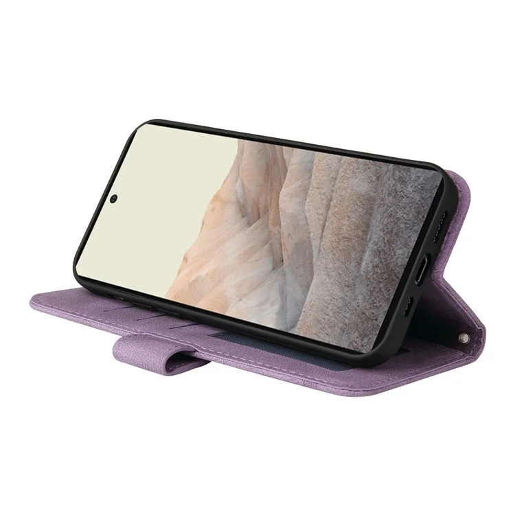 For Google Pixel 6 Leather Wallet Cases Skin Touch Phone Cover Stand with Strap - Purple
