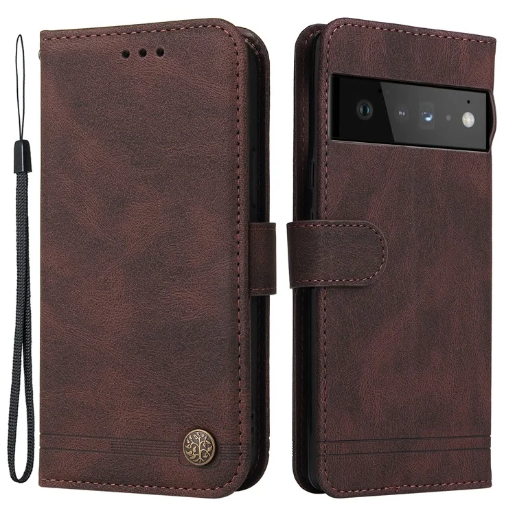 For Google Pixel 6 Leather Wallet Cases Skin Touch Phone Cover Stand with Strap Pro - Brown