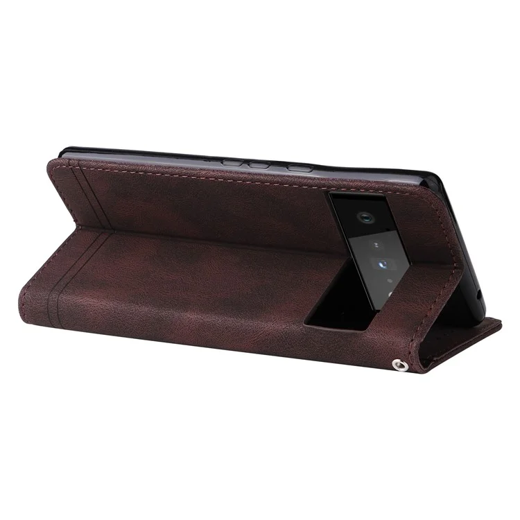For Google Pixel 6 Leather Wallet Cases Skin Touch Phone Cover Stand with Strap Pro - Brown