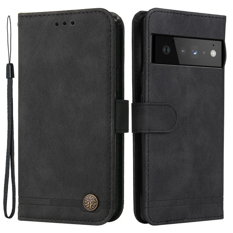 For Google Pixel 6 Leather Wallet Cases Skin Touch Phone Cover Stand with Strap Pro - Black