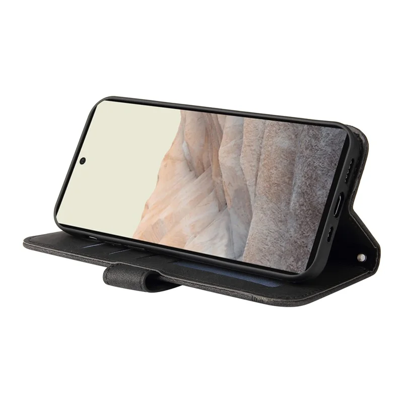 For Google Pixel 6 Leather Wallet Cases Skin Touch Phone Cover Stand with Strap Pro - Black