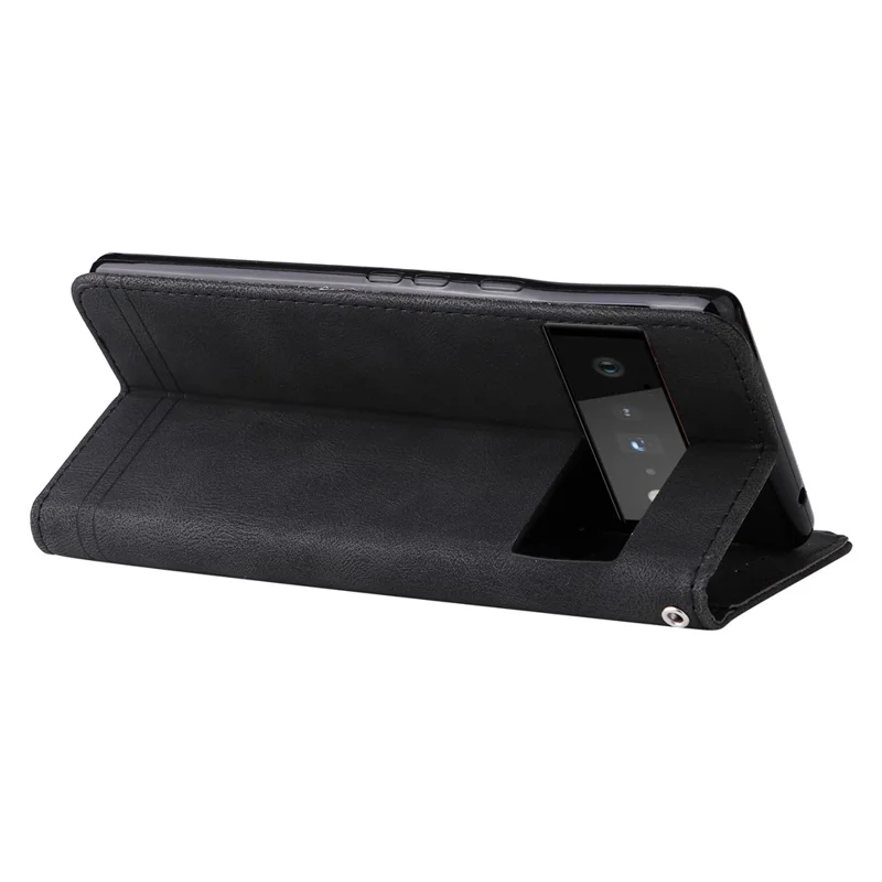 For Google Pixel 6 Leather Wallet Cases Skin Touch Phone Cover Stand with Strap Pro - Black
