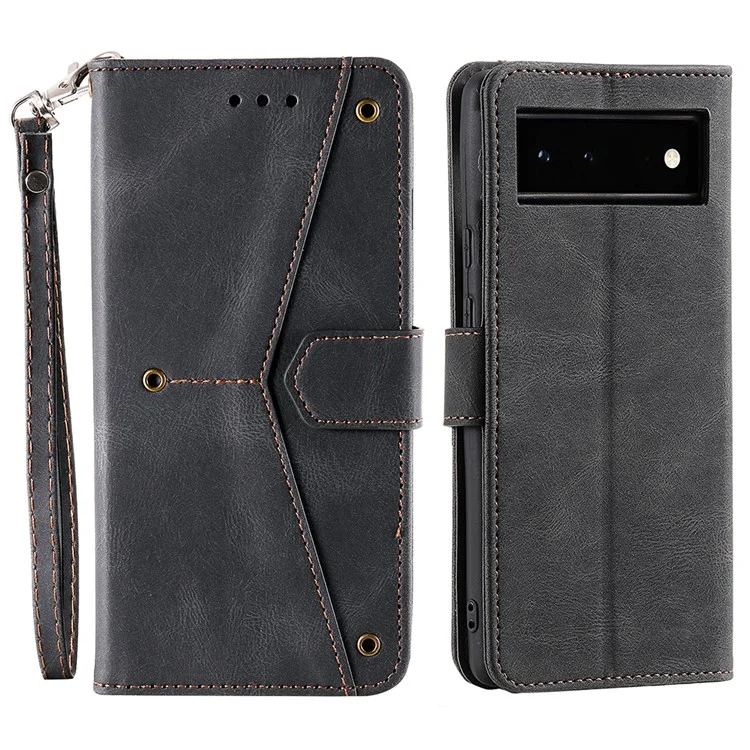 Защитная Крышка Сплайсинга Кожи PU и TPU Телефон Flip Case Shitking Skin Touch Stand Wallet Для Google Pixel 6 - Черный