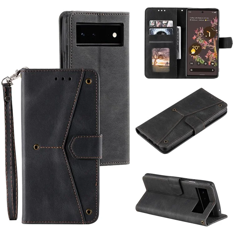 Защитная Крышка Сплайсинга Кожи PU и TPU Телефон Flip Case Shitking Skin Touch Stand Wallet Для Google Pixel 6 - Черный