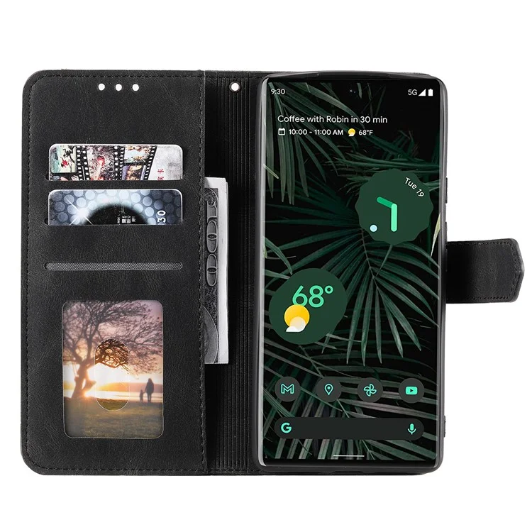 Estuche de billetera de piel sintética y TPU con costura Skin-touch Stand para Google Pixel 6 Pro - Negro