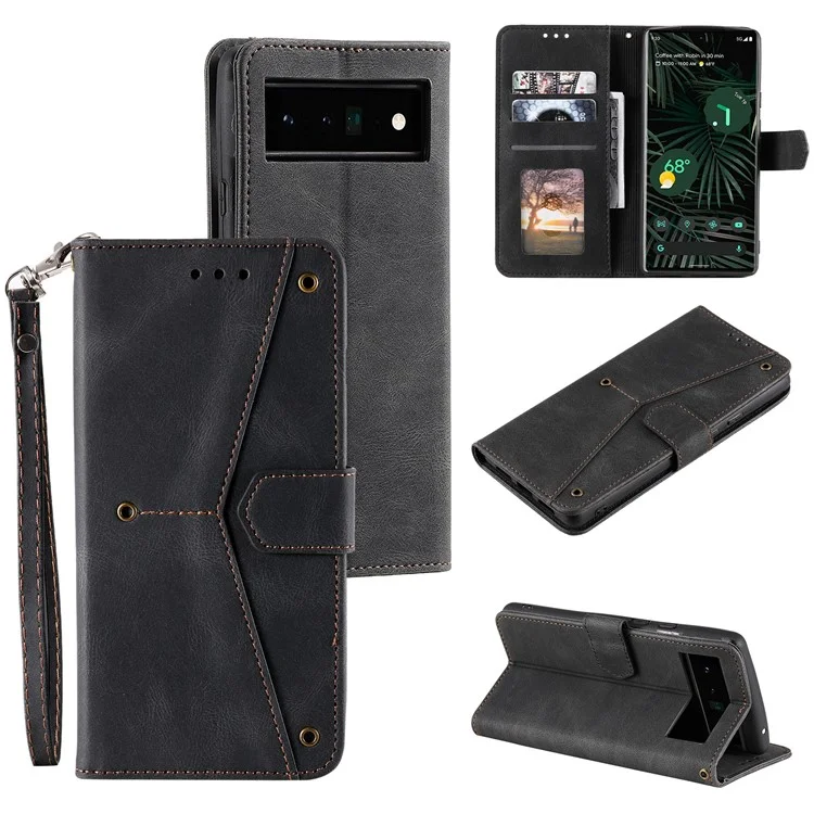 Estuche de billetera de piel sintética y TPU con costura Skin-touch Stand para Google Pixel 6 Pro - Negro