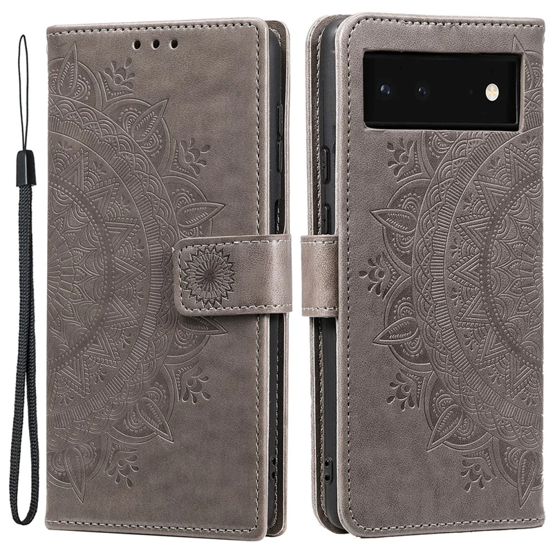 Mandala Flower Pattern Imprinted PU Leather Flip Cover Stand Wallet Folio Phone Case with Strap for Google Pixel 6 - Grey