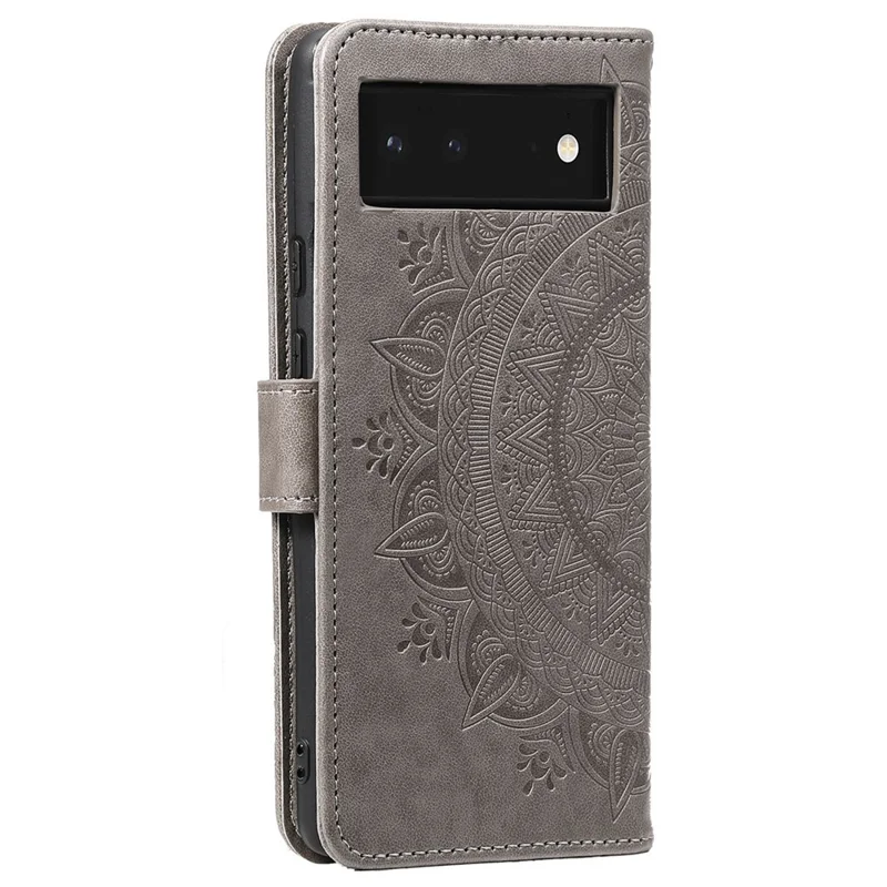 Mandala Flower Pattern Imprinted PU Leather Flip Cover Stand Wallet Folio Phone Case with Strap for Google Pixel 6 - Grey