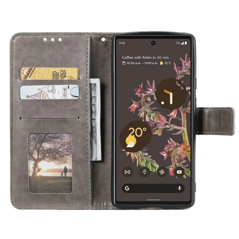 Mandala Flower Pattern Imprinted PU Leather Flip Cover Stand Wallet Folio Phone Case with Strap for Google Pixel 6 - Grey