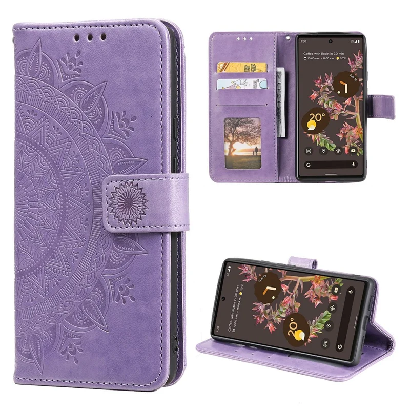 Mandala Flower Pattern Imprinted PU Leather Flip Cover Stand Wallet Folio Phone Case with Strap for Google Pixel 6 - Purple