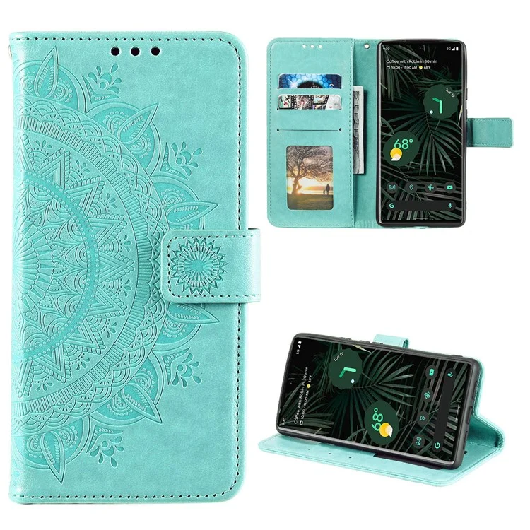Mandala Flower Patrón Impreso Flip pu Cuero Case Con Correa Para Google Pixel 6 Pro - Verde