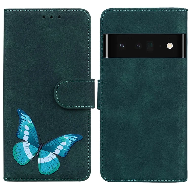 Skin-touch Butterfly Printing PU Leather Magnetic Clasp Flip Phone Case Wallet Cover with Stand for Google Pixel 6 - Green
