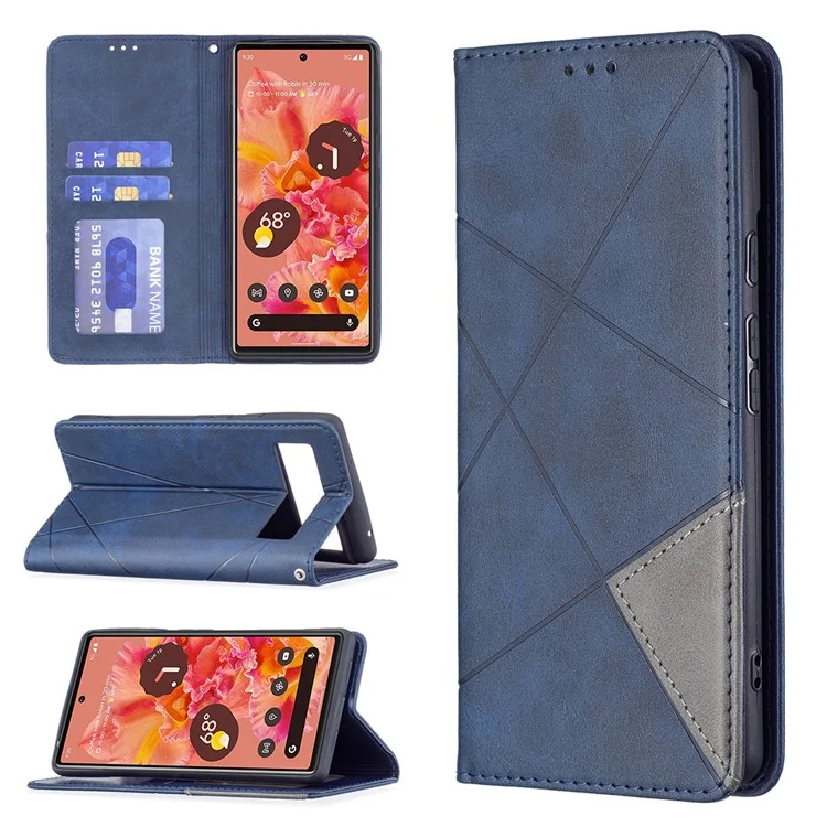 Phone Cover Rhombus-Like Imprinting Card Slots Design Leather Stand Phone Case Cover for Google Pixel 6 - Blue