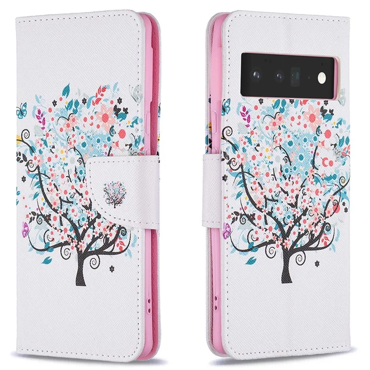 Capa de Carteira de Couro PU com Impressão de Padrão, Fecho Magnético, Proteção contra Choques, Suporte Dobrável para o Google Pixel 6 Pro - Árvore Floral