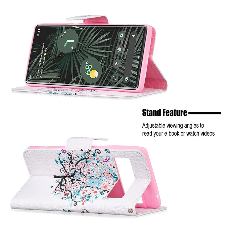 Capa de Carteira de Couro PU com Impressão de Padrão, Fecho Magnético, Proteção contra Choques, Suporte Dobrável para o Google Pixel 6 Pro - Árvore Floral