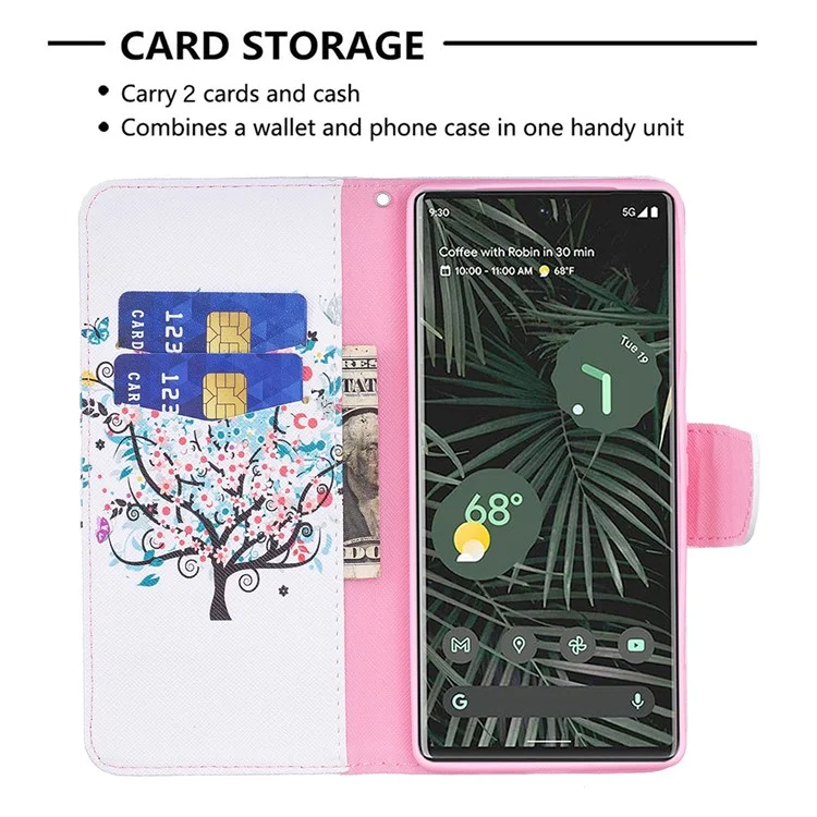 Capa de Carteira de Couro PU com Impressão de Padrão, Fecho Magnético, Proteção contra Choques, Suporte Dobrável para o Google Pixel 6 Pro - Árvore Floral