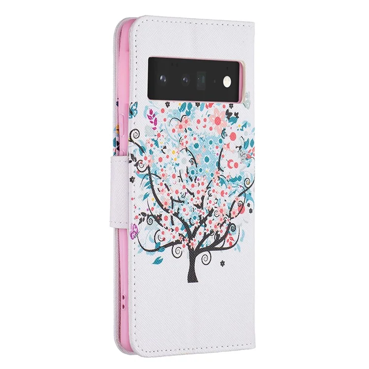 Capa de Carteira de Couro PU com Impressão de Padrão, Fecho Magnético, Proteção contra Choques, Suporte Dobrável para o Google Pixel 6 Pro - Árvore Floral