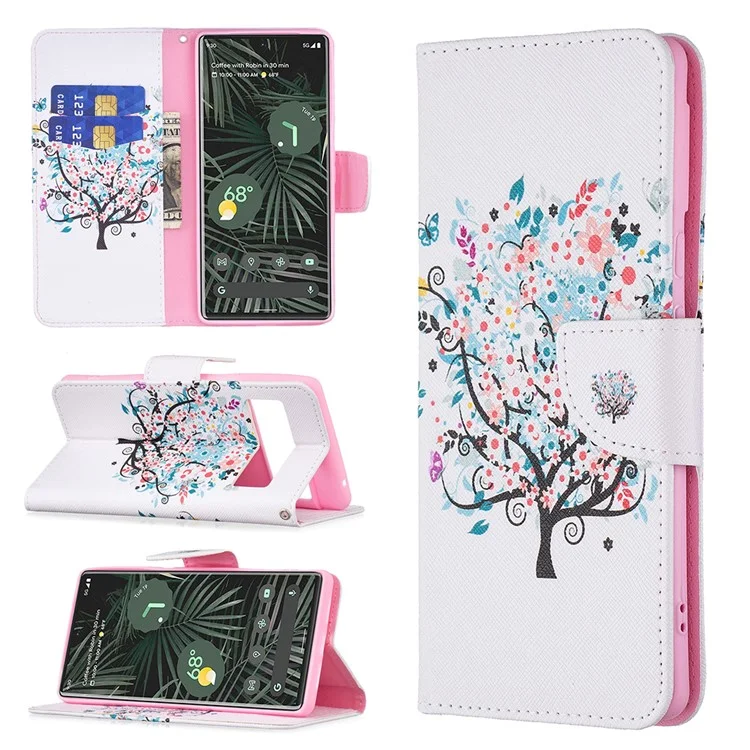 Capa de Carteira de Couro PU com Impressão de Padrão, Fecho Magnético, Proteção contra Choques, Suporte Dobrável para o Google Pixel 6 Pro - Árvore Floral